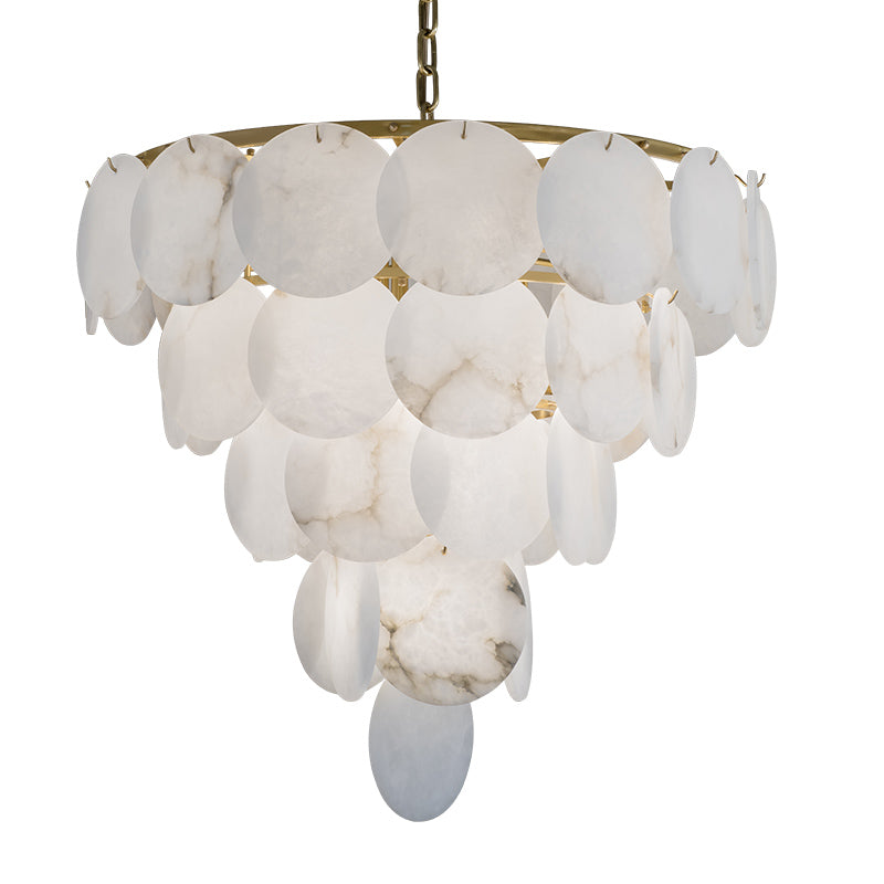 Paige Round Alabaster Chandelier with Dining Table Above