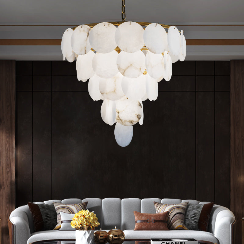 Paige Round Alabaster Chandelier with Dining Table Above