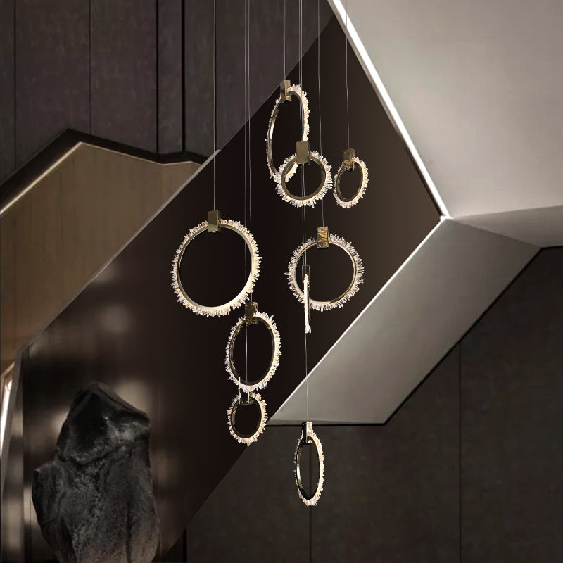 Maya Rock Crystal 12 Rings Staircase Chandelier, Interior Decoration Chandelier
