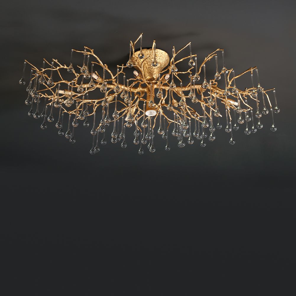 Brass Branch Ceiling Light with Glass Raindrop Pendants Light