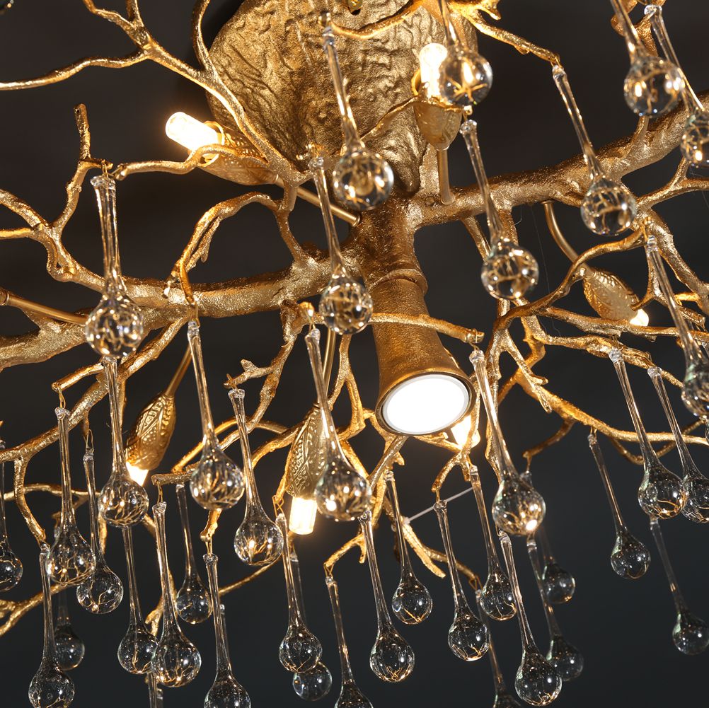 Brass Branch Ceiling Light with Glass Raindrop Pendants Light